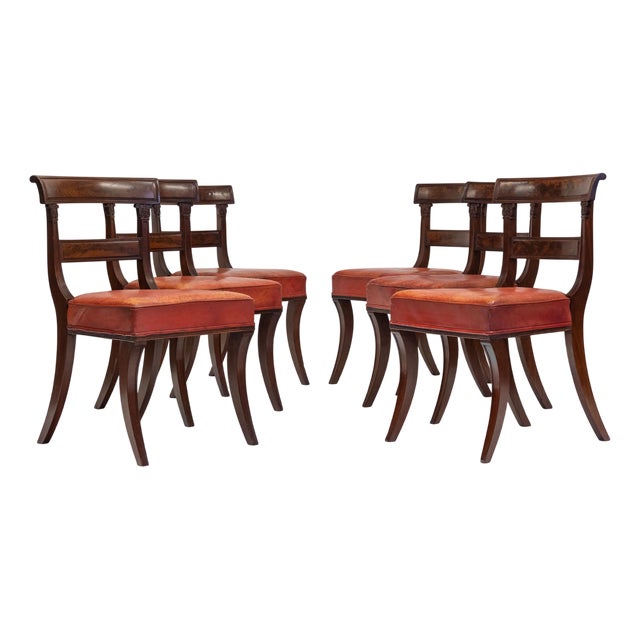 Regency Mahogany Sabre Leg Dining Chairs with Leather Seats, 1825, Set of 6 For Sale