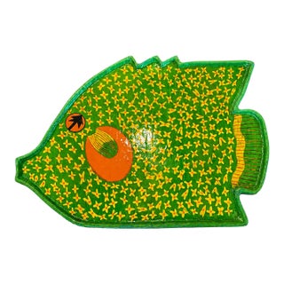 Brightly Colored Green Vintage 1960's Hand-Painted Papier-Mâché Fish Tray / Wall Plaque – Folk Art Style – Circa 1960s–1970s For Sale