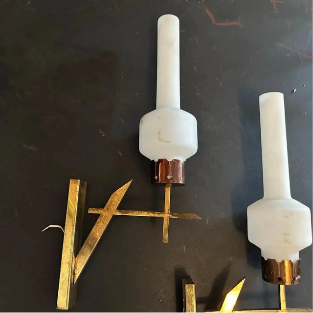 Brass Two 1950s Stilnovo Style Mid-Century Modern Brass and Glass Italian Wall Sconces For Sale - Image 8 of 11