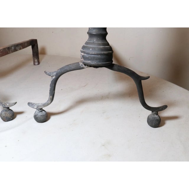 Pair 18th Century Turned Peened Brass Wrought Iron Georgian Andirons 1700's For Sale - Image 11 of 12
