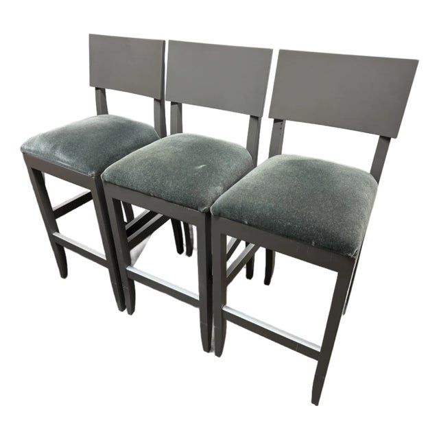 Custom Design Wood + Mohair Barstools, Set of Three For Sale