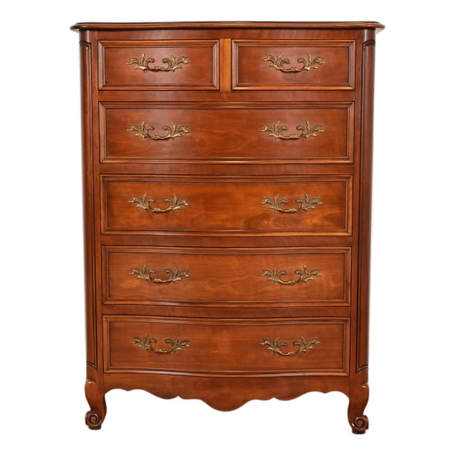 1980s Kindel Furniture French Provincial Louis XV Carved Cherry Wood Highboy Dresser For Sale