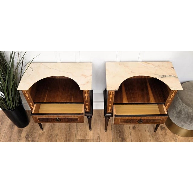 Metal Italian Art Deco Wooden Bedside Tables with Marble Top, 1950s, Set of 2 For Sale - Image 7 of 10