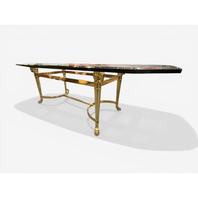 Jansen Octagon Glass Top Coffee Table, Solid Brass, Rama Head, Hollywood Regency A Maison Jansen Coffee Table, Unsigned,...