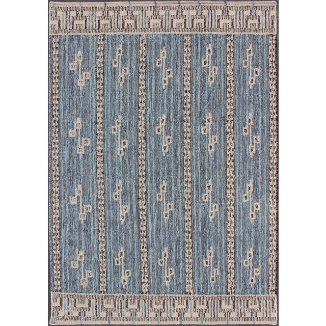 Modern Scandinavian/Swedish Geometric Design Rug in Blue, Light Brown For Sale - Image 12 of 12