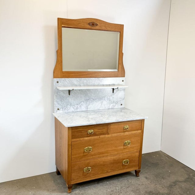 Art Nouveau Oak Chest of Drawers with Washstand, Marble and Mirror Top, 1910s For Sale - Image 9 of 9