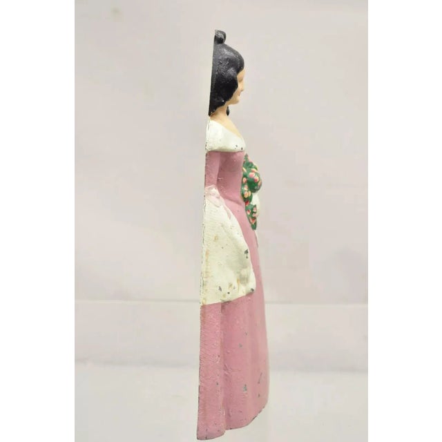 Antique Victorian Tall Cast Iron Painted Figural Woman Pink Dress Door Stop For Sale In Philadelphia - Image 6 of 10