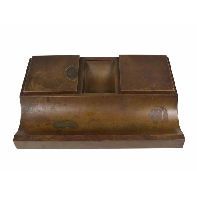 Stunning antique Art Deco Silver Crest Sterling Decorated Bronze desk inkwell. The inkwell has two glass inserts, lids and...