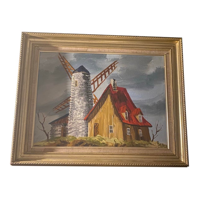 Mid-20th Century Windmill & Cottage Landscape Oil Painting on Canvas - Framed & Signed For Sale
