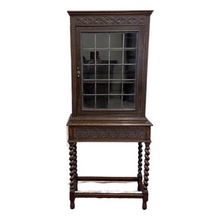 Antique English Oak Jacobean Revival Barley Twist Bookcase Display Cabinet 1900s For Sale