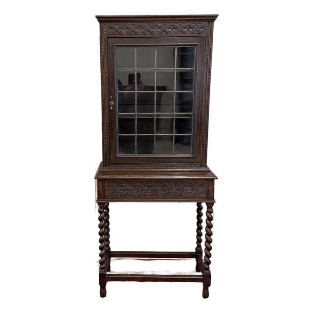 Antique English Oak Jacobean Revival Barley Twist Bookcase Display Cabinet 1900s For Sale
