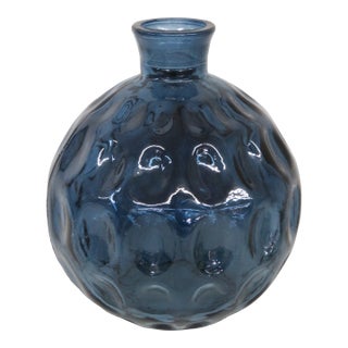 Blue Glass Round Bottle Vase Thumbprint Design 4691b For Sale