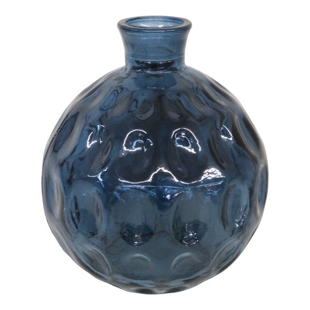 Blue Glass Round Bottle Vase Thumbprint Design 4691b For Sale