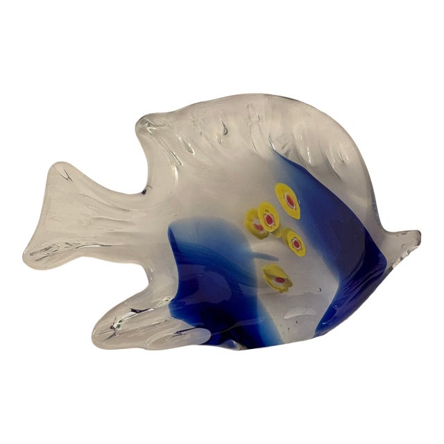 Murano Hand Blown Glass Vintage Blue Millifora Angel Fish Sculpture For Sale