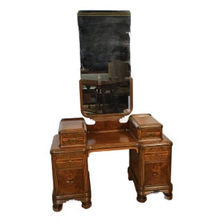 1950s Vintage Art Deco Walnut Inlaid Vanity and Mirror / Makeup Table For Sale