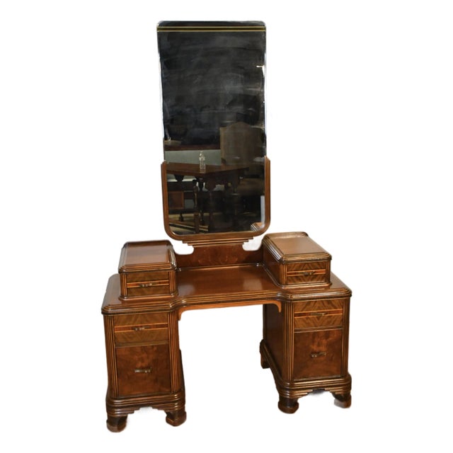 1950s Vintage Art Deco Walnut Inlaid Vanity and Mirror / Makeup Table For Sale