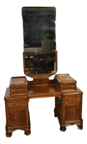 1950s Vintage Art Deco Walnut Inlaid Vanity and Mirror / Makeup Table