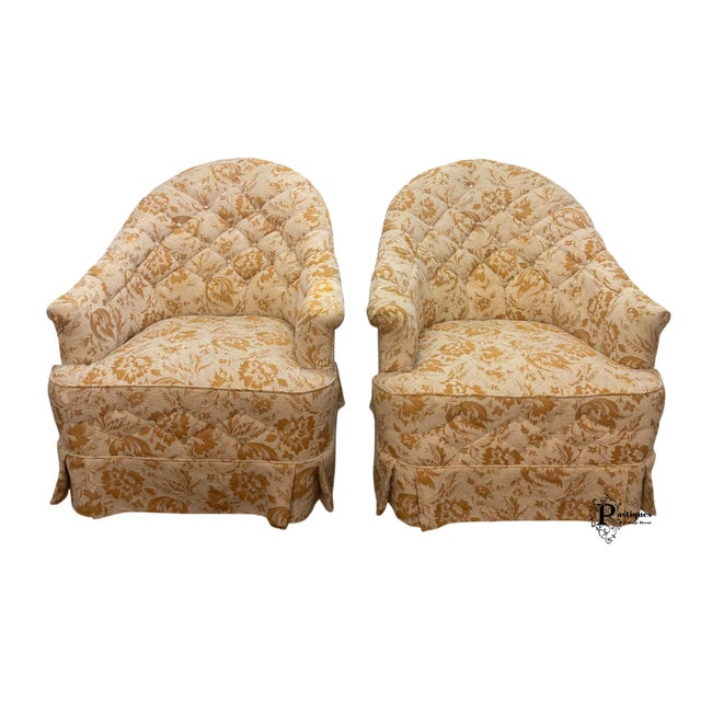 American Vintage Mid Century Style Tufted Printed Upholstered Barrel Back Chairs - Pair For Sale - Image 3 of 12
