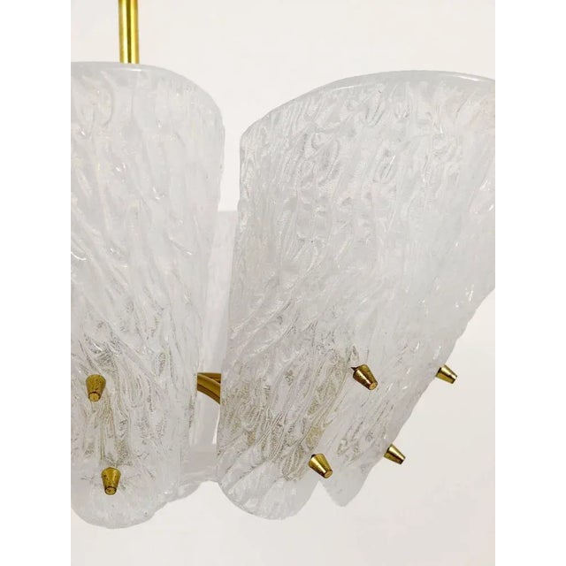 Gold Mid-Century Brass Chandelier with White Textured Glass Lamp Shades attributed to J. T. Kalmar for Kalmar, 1950s For Sale - Image 8 of 11