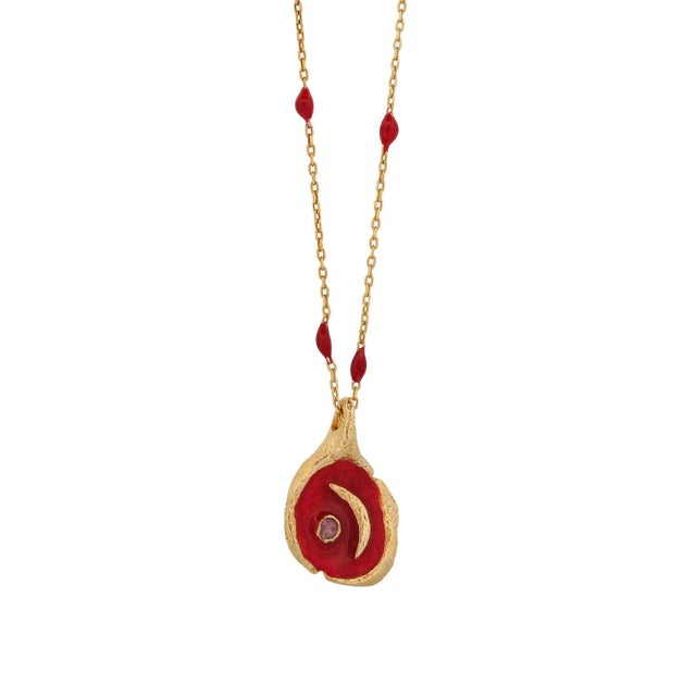 Red Red Moon Pendant Gold & Enamel Chain Necklace For Sale - Image 8 of 8