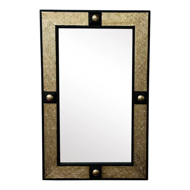 Vintage Hollywood Regency Wall Mirror, Ebonized Wood & Brass Filigree For Sale