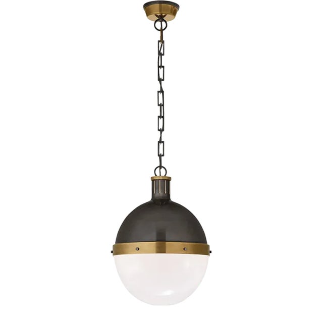 Thomas O'Brien for Visual Comfort Signature Hicks Large Pendant in Bronze & Hand-Rubbed Antique Brass with White Glass For Sale