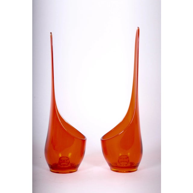 Large American Mid-Century Modern pair of Viking glass company translucent taperglow art glass candlesticks in deep...