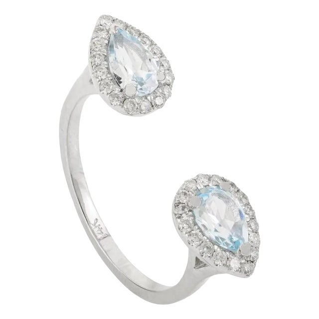 Two Pear Shaped Blue Topaz Halo Diamond Open Ring Size 6.5 For Sale