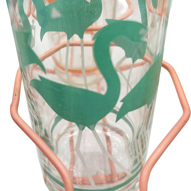 Mid-Century Modern 1950s Mid-Century Modern Pink Wire Frame Drinks Tray W/ Six Highball Flamingo Glasses For Sale - Image 3 of 10