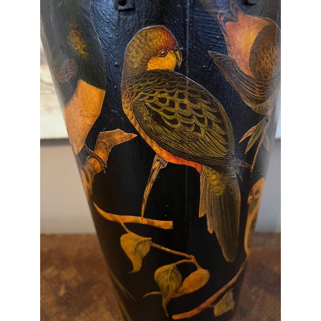 Vintage English Planter Jardiniere Urn Bird Decoupage Black Tole Aviary Décor For Sale - Image 16 of 18