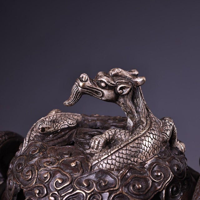 Bronze Silver-Washed Dragon Tripod Censer — High Relief Lidded Incense Burner For Sale In Los Angeles - Image 6 of 9