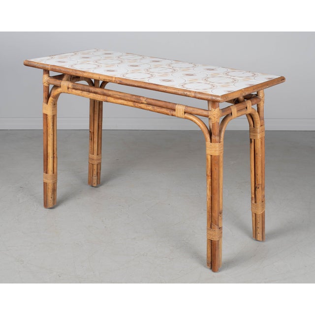 1950s Mid-Century French Rattan Tile Top Console Table For Sale - Image 5 of 11