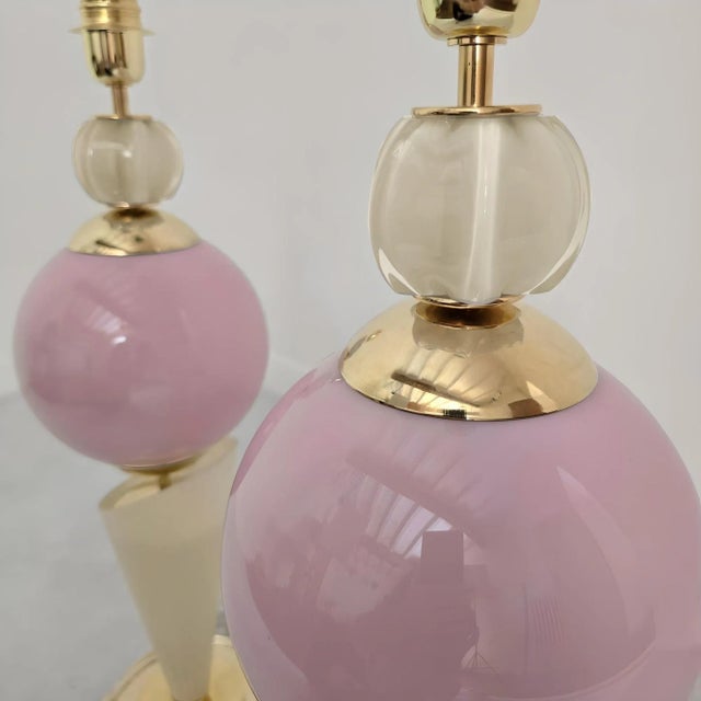 1980s Pair of Pink Mid Century Modern Murano Glass Lamps For Sale - Image 4 of 9