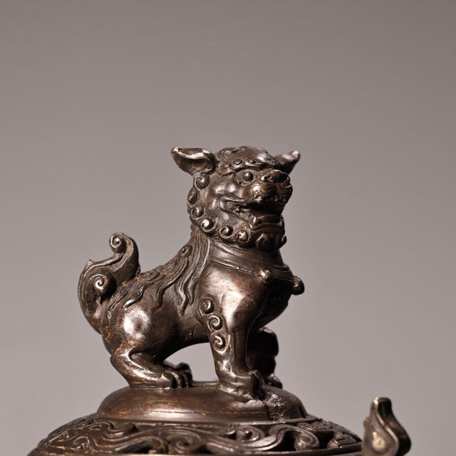 Art Deco Bronze Lotus Incense Burner – High Relief Censer With Lion Finial For Sale - Image 3 of 9