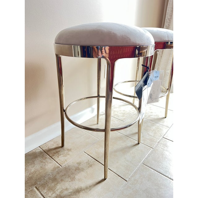Baker Furniture Minimalist Counter Stool, Polished Nickel Base, Swivel Seat in White Suede - Pair For Sale - Image 10 of 18