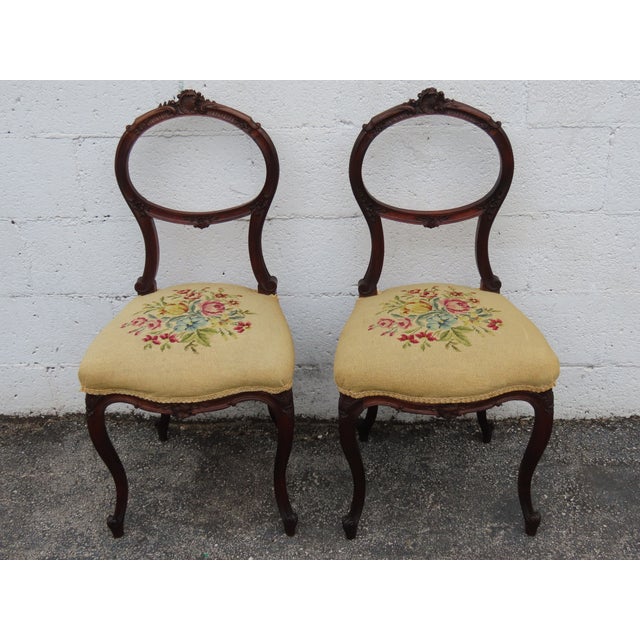 Victorian Late 1800s Carved Tapestry Small Accent Side Chairs a Pair 6379 For Sale - Image 10 of 12
