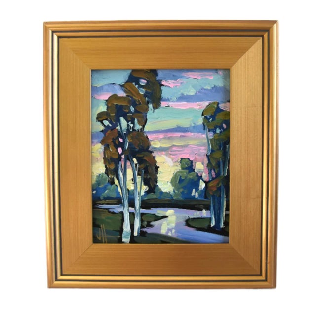 Wood William Hawkins Listed Artist Winding Stream & Colorful Landscape Painting Include the Antiqued Gold Wood Frame For Sale - Image 7 of 7