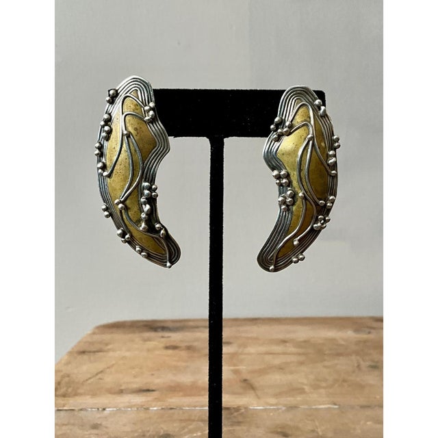 Vintage Boho Robin Schechtel Brass on Sterling Modernist Earrings For Sale - Image 10 of 12