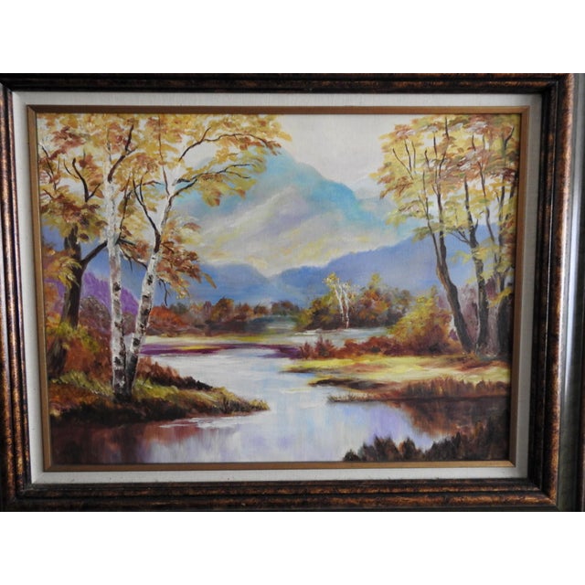 Blue Late 20th-Century Idealization Landscape Autumn Birch River & Mountain Oil Painting – Signed Ayj For Sale - Image 8 of 9