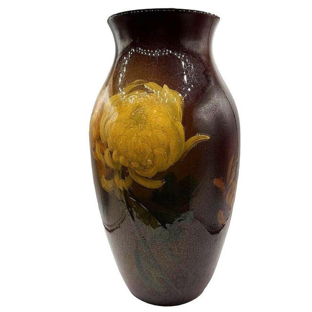 Rockwood Style Earthernware Hand Painted Pottery Vase W/ Chrysanthemums, C 1900 For Sale In Los Angeles - Image 6 of 10