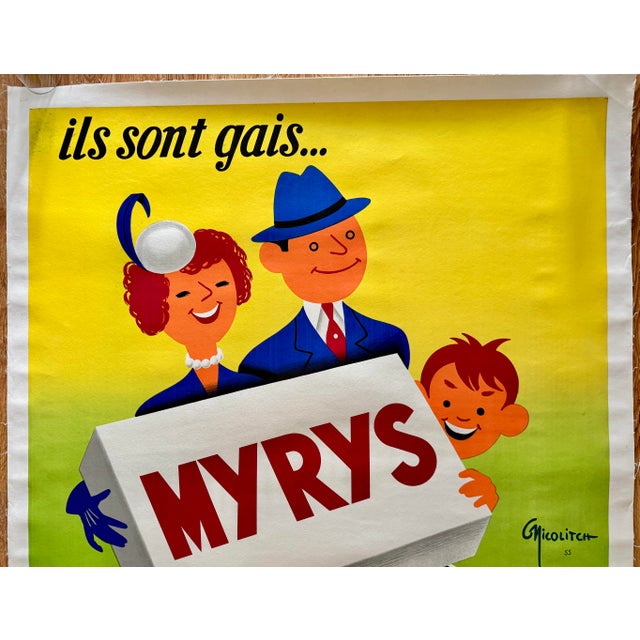 This classic 1950’s French poster advertises Myrys Shoes and features a happy family ready to use their new shoes. Bright...