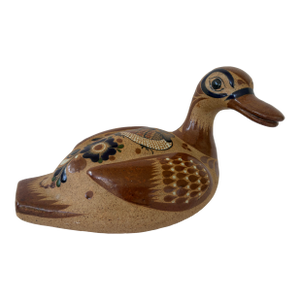 1970s Tonalá Mexican Handpainted Stoneware Pottery Duck Sculpture
