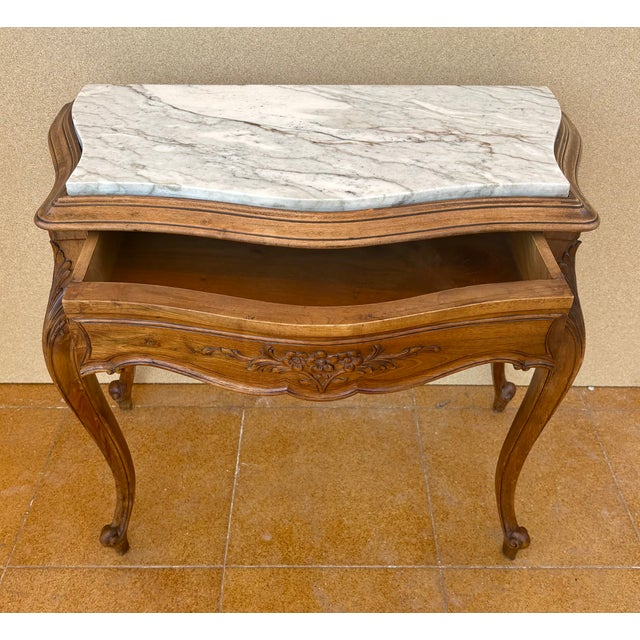 Brown 1940s Pair of French Louis XV Style Wood Side Tables With Marble Tops For Sale - Image 8 of 11