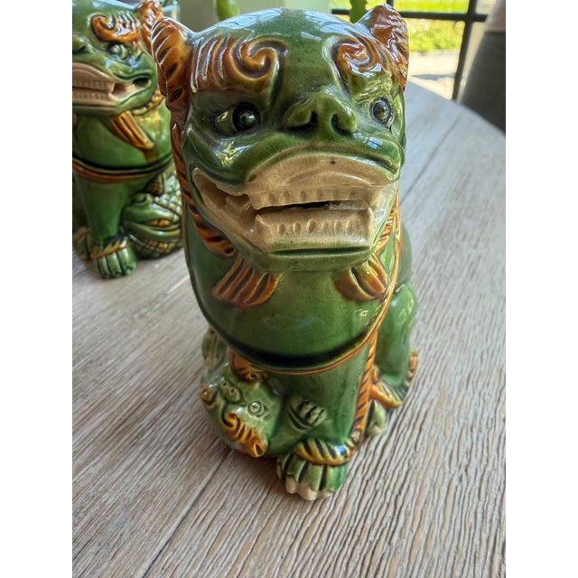Mid-Century Modern Mid Century Petite Green Glazed Bisque Foo Dogs, a Pair For Sale - Image 3 of 8
