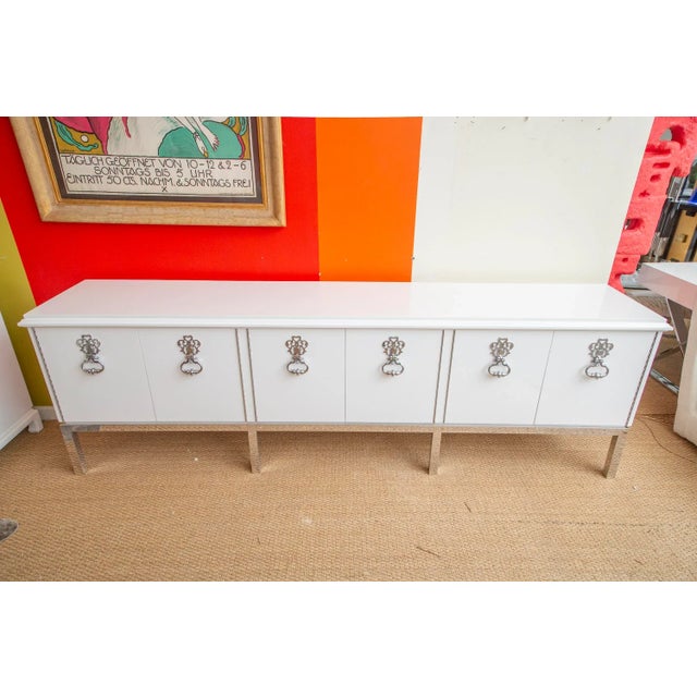 Vintage Mastercraft Custom Cabinet, Credenza or Buffet With Chrome Plated Over Bronze Hardware Restored Vintage For Sale - Image 11 of 13