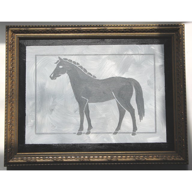 Contemporary Horse Traditional English Minimalism Folk Art Gray White Original Oil Painting Cleo Plowden For Sale - Image 3 of 3