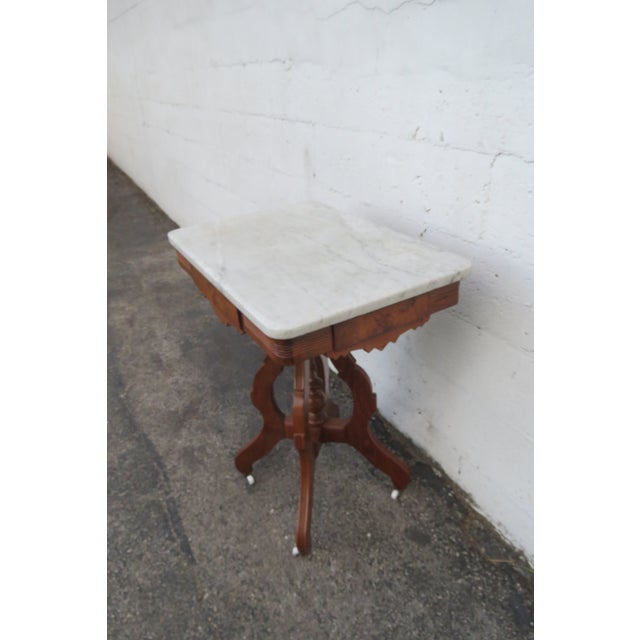 Victorian Late 1800s Victorian Eastlake Marble Top Carved Side Table 6296 For Sale - Image 3 of 16