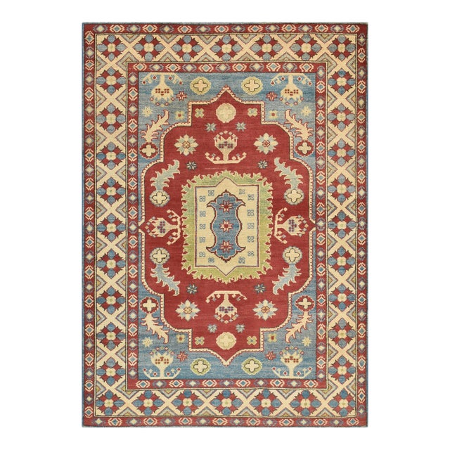 Kazak Rug 4' X 5'8'' Red Wool Tribal Hand-Knotted Oriental Carpet For Sale