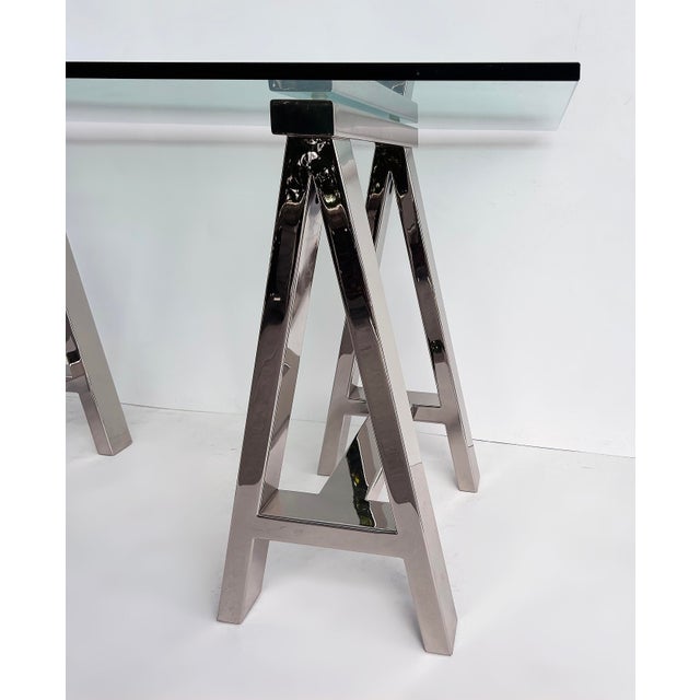 Williams Sonoma Home "Mason" Sawhorse Glass Top Table/Writing Desk For Sale - Image 10 of 15