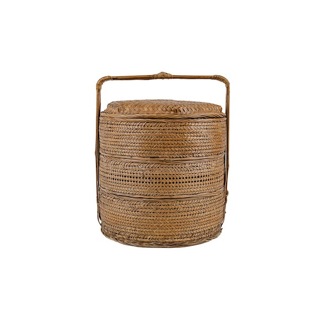 Vintage Antique 3 (Three) Tier Chinese Wedding Basket made of woven bamboo and rattan in Warm Brown. Historically used for...